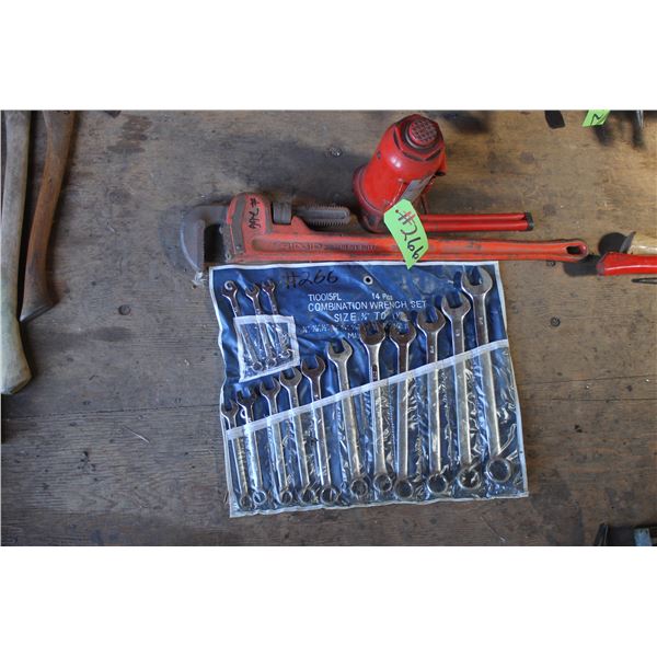 20 ton hyd. Jack, 36" pipe wrench, 14 pc wrench set- to 1 1/4"