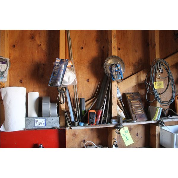 Misc. on west wall- tapes, wrenches, bit & brace, tape measures, gauges etc.