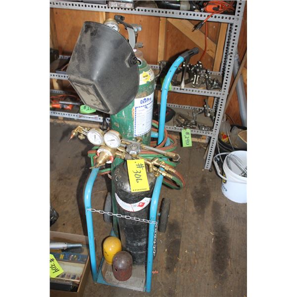 Cutting torch, gauges, cart, helmet & bottles