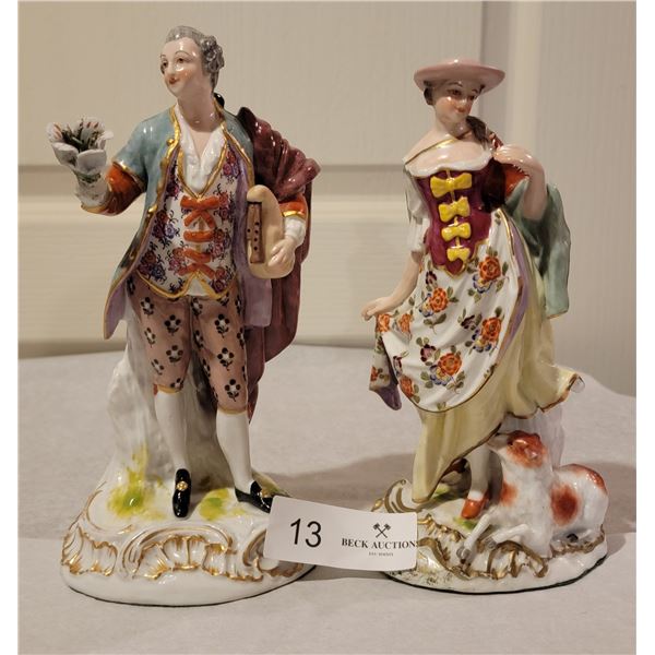 A Pair Of Delightful Porcelain Ornaments, Dressed In Victorian Era Garb.