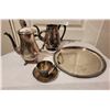 Image 1 : A Pair Of Metal Tea Pots, A Silver Plated Serving Tray, And Silver Plated Tea Cup And Saucer