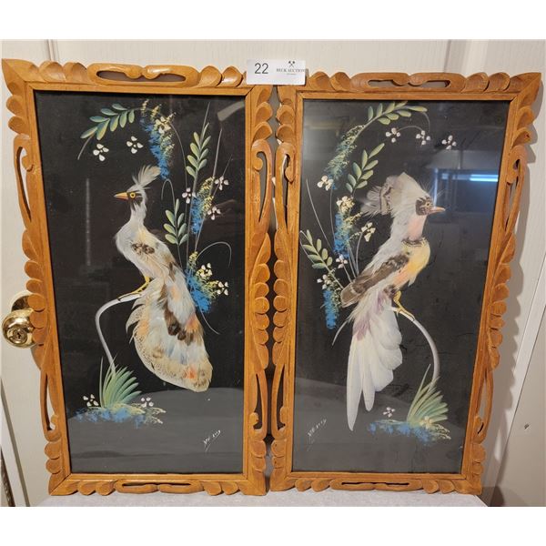 Two Gorgeous Feathercraft Pictures Of Birds In Wooden Frames