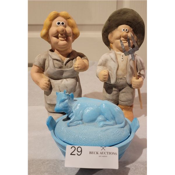 A Pair of Charming Farmer-Themed Ornaments( In The Style of Wallace & Grommet) With A Nice Blue Dish