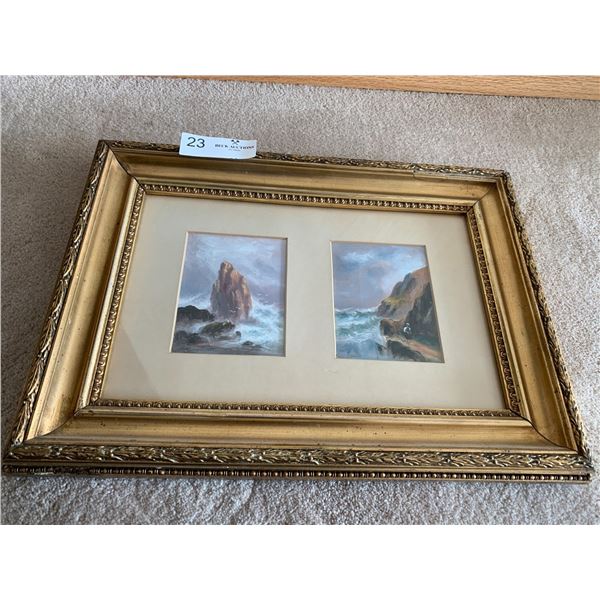 Framed Diptych of Rocky Shore - Original Work - Artist Name Illegible