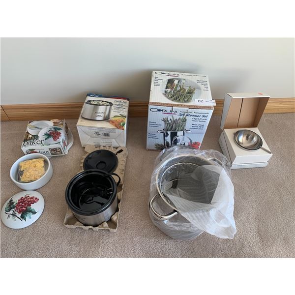 Porcelain Brie Baker, Rival Crockpot Little Dipper, Corlini 3-Piece Steamer Set (See Description)