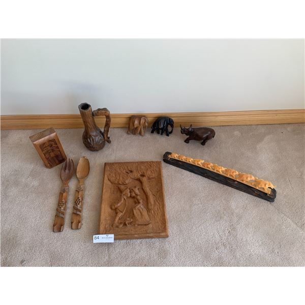 Wooden Elephant and Rhinoceros Carvings, Wooden Jug, Carved Bookend, and More!