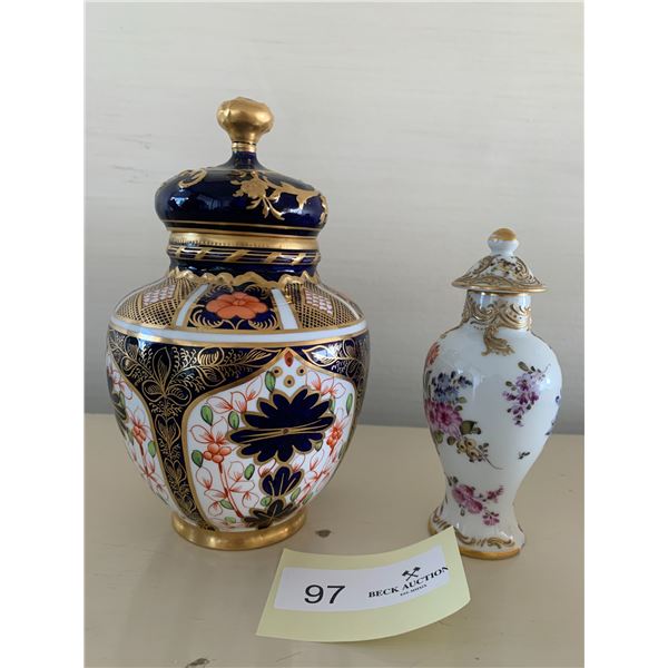 Royal Crown Derby Blue Hand-Painted Urn and Small Ornate Porcelain Urn