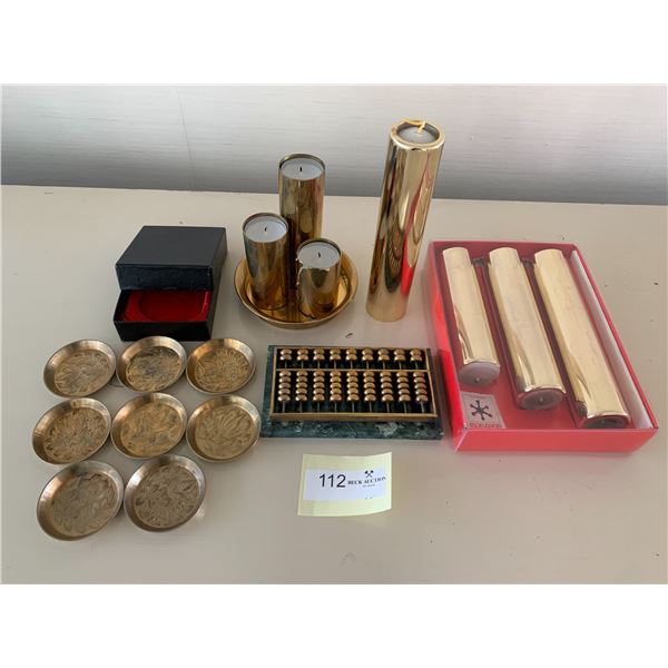 Mini Etched Brass Trays (Made in India), Brass Abacus on Marble Base, & Brass Candle Holders