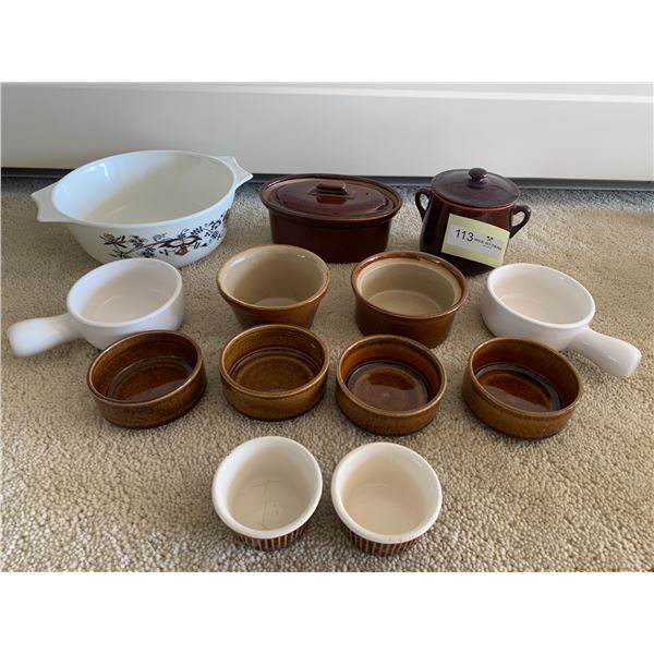Collection of Earthenware Cookware, Vintage Pyrex Bowl, and Ramekins