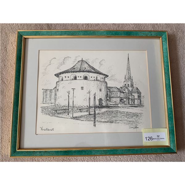 Original Framed Ink Artwork of Danish Fortress "Krudttårnet" - Artist Name Illegible