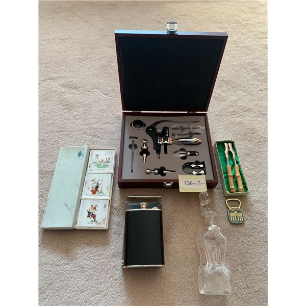 Collection of Barware - 9-Piece Wine Opener Set, Coasters, Flask, Decanter and More!