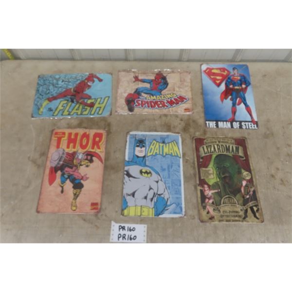 6 Assorted Tin Superhero Signs ; Flash, Batman, Spiderman, Superman - 8" x 12" 