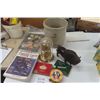 Image 1 : Red Wing 2 Gal Crock, Cigarette Tins, Anniversary Clock, Fishing Lure Book, Wooden Buffalo