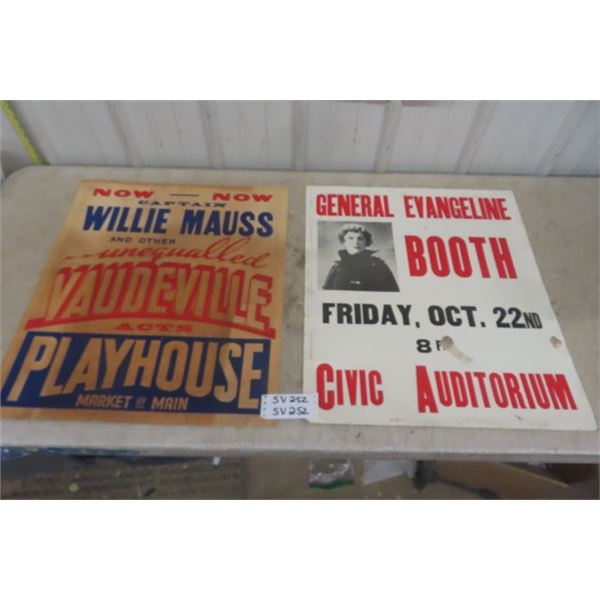2 Vintage Vaudville Posters - Winnipeg ; Willie Mauss + Evangeline Booth 22" x 26" 
