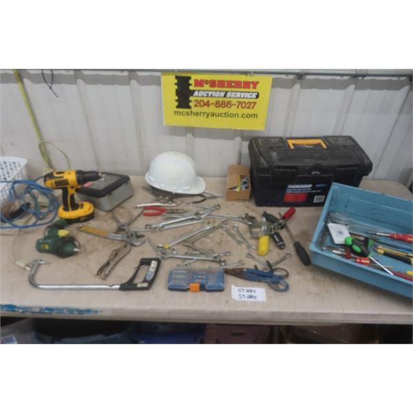 Wrenches, Tool Box, Sockets, DeWalt Drill, Hard Hat, Screwdrivers, plus more