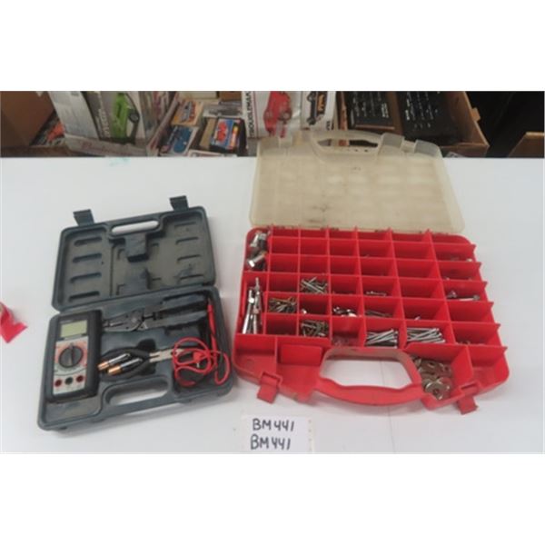 Mastercraft Electrical Tester in Case, Assorted Screws + Bolts in Plastic Organizer