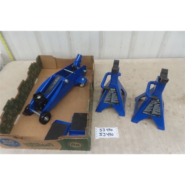 Portable Hydraulic Floor Jack, (2) 2 Ton Jack Stands, 2 Tire Blocks- Like New