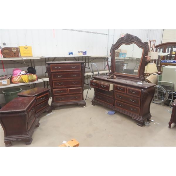 4 pc Bedroom Set: Tall Dresser 18"×40"×52"  Other Dresser with Mirror 18"×35"×65", 2 Night Tables 17