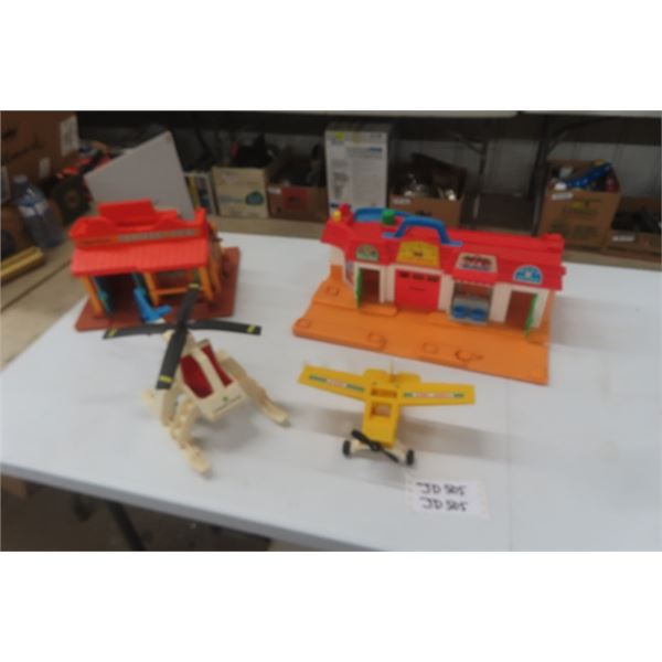4 Fisher Price Toys: Main Street, Western Town, Airplane, Helicopter