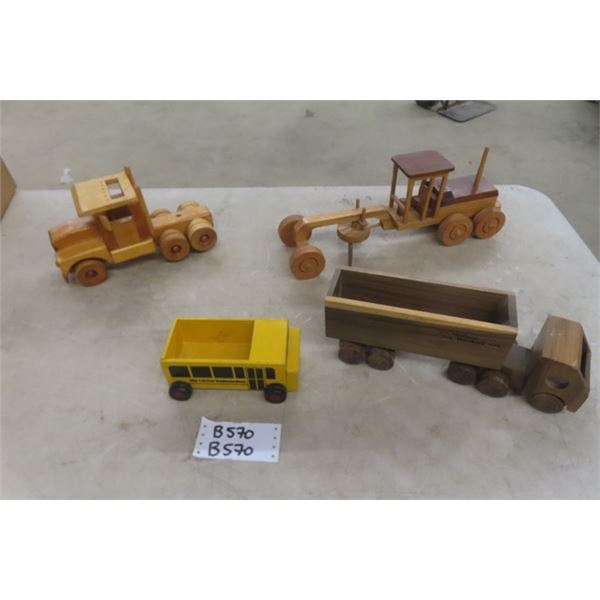 4 Wooden Toys: Semi Truck, Grader, Truck + Trailer, School Bus- Longest 17" 