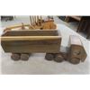 Image 3 : 4 Wooden Toys: Semi Truck, Grader, Truck + Trailer, School Bus- Longest 17" 
