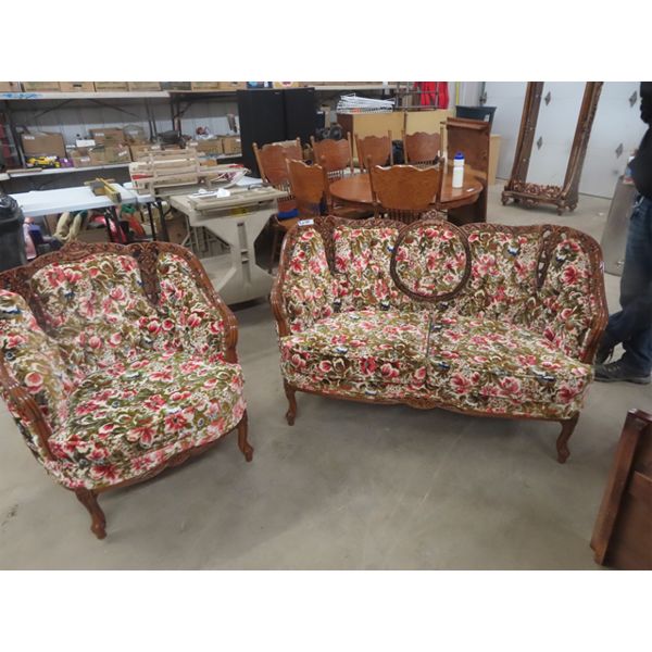 3 pc Vintage Couch, Love Seat, Chair - Nice Carved Wood + Fabric in Good Condition 