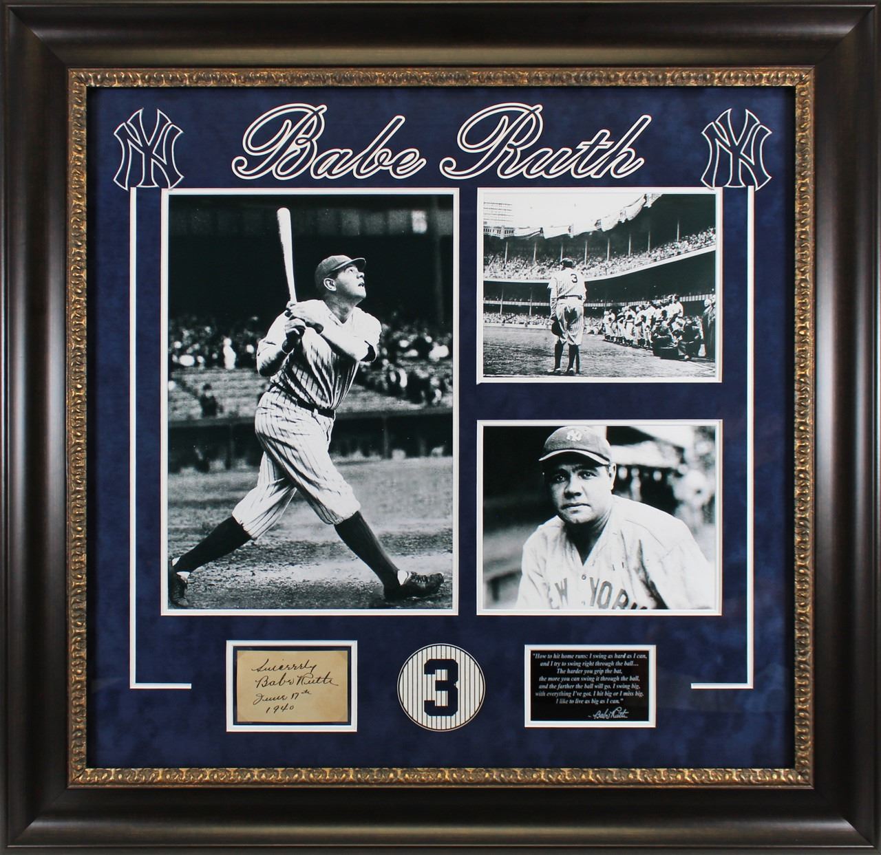 BABE RUTH SIGNED AND CUSTOM FRAMED 20 X 24 DISPLAY (PSA LOA)