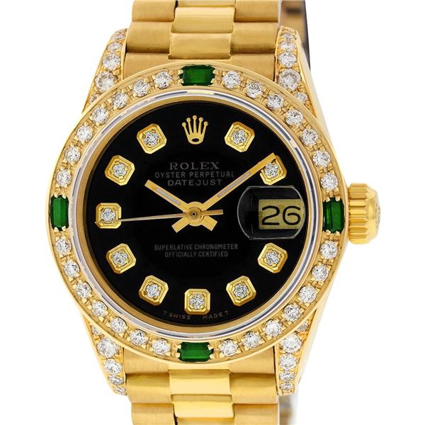 Rolex Ladies 18K Yellow Gold Black Diamond And Emerald President Wristwatch