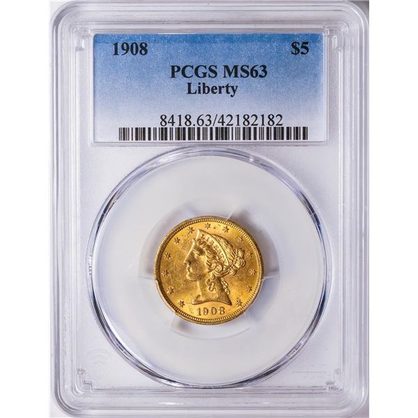 1908 $5 Liberty Head Half Eagle Gold Coin PCGS MS63