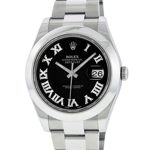 Rolex Mens SS 41MM Black Roman Diamond Datejust 2 Oyster Band Wristwatch