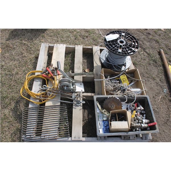 Pallet of valves, spool of cable, winch and booster cables
