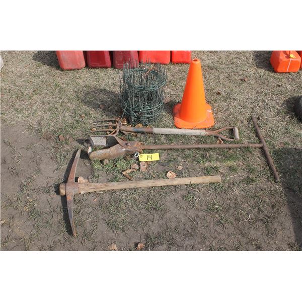 Post hole auger, pick axe, potato fork, pylon, landscape wire