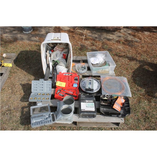 Pallet of asst. Tools, jug of thread cutting oil and misc.
