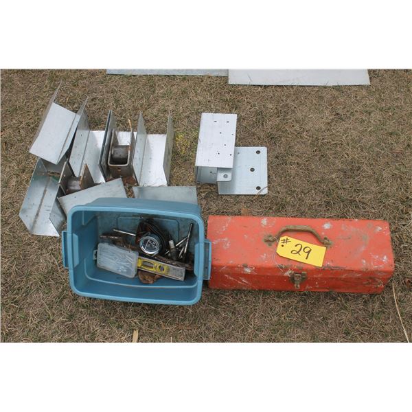 Red tool box, galvanized steel and container of cotter pins