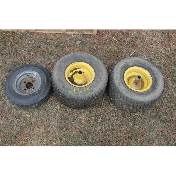 2- 20x10.00-8 tires on rims and 1- 4.80x8 tire on rim