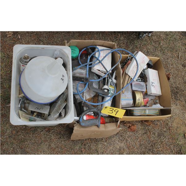 3- Boxes of misc., trailer connector, belt lacing, funnel, elec. breakers and misc.