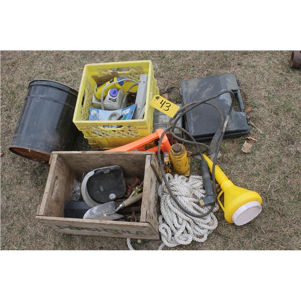 Asst. Misc., box of new trailer bearing kit, pail of nuts & bolts, bottle jack and rope