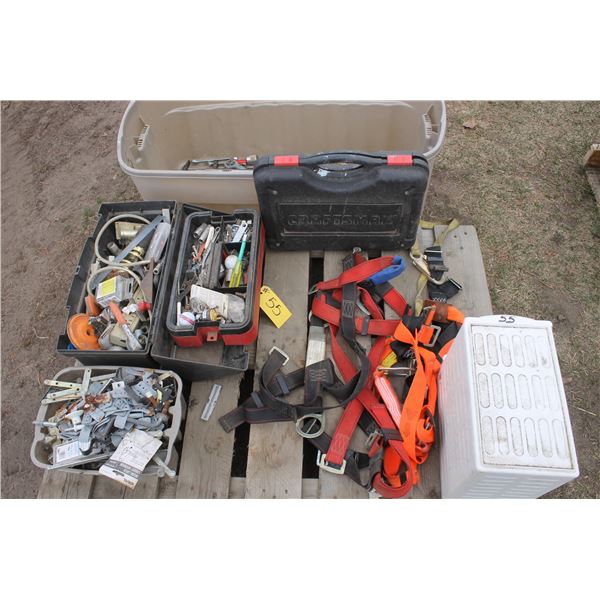 Work harness, cabinet c/w screw, asst. misc., tool box and rubber tub tote