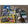 Image 1 : Pallet of misc. plumbing, face shield, saw blades and garden hose