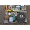 Image 3 : Pallet of misc. plumbing, face shield, saw blades and garden hose