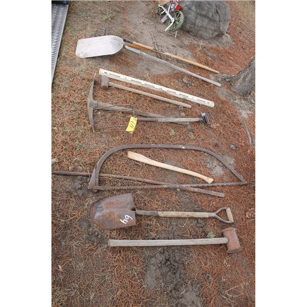 Asst. hand tools, fork, shovel, spade, rake, saw and sledge hammer