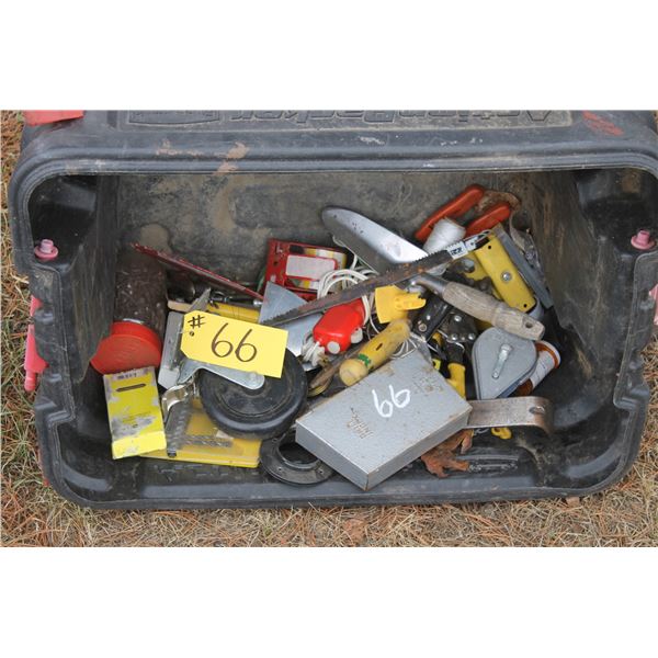 Plastic tote c/w misc., drill bits, hinges, castor wheel