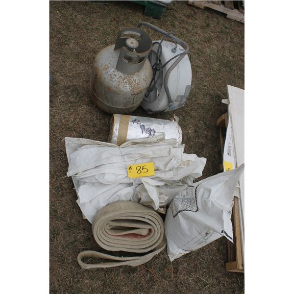 Propane tank, fan, sacks, sling, bag of recycled glass