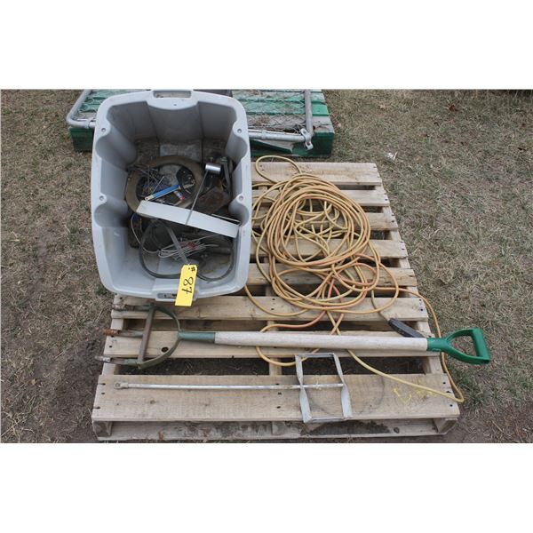 Elec. Cord, aerator shovel, paint mixer and tote c/w misc.
