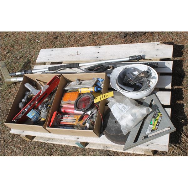 Pallet of asst. ball hitches, flares, spraywood and hard hat