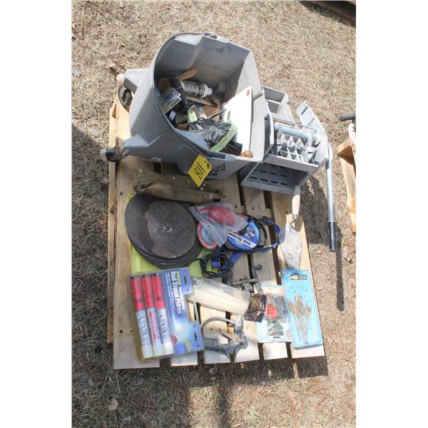 Pallet of cut-off wheels, mop bucket, wood drill bits, flares and cable ties