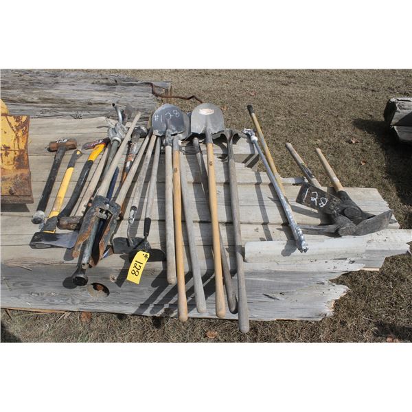 Asst. handtools, axe, spades, post holes and pick