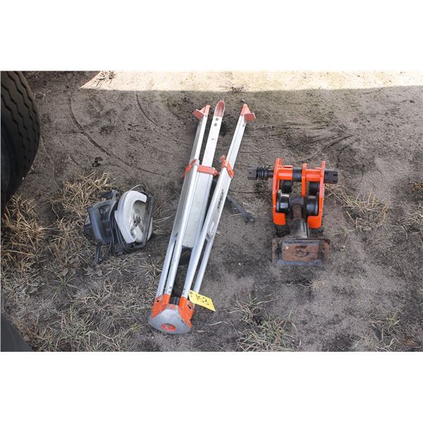 Craftsman circular saw (working), 2 ton rolling hoist, vehicle jack and tripod level base
