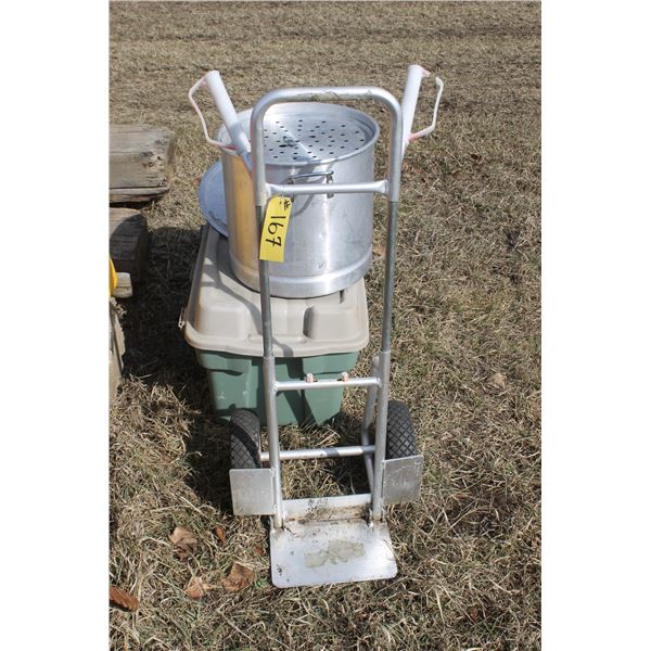 2 wheel dolly, tote c/w big quart pot, pots & pans and cooking hardware