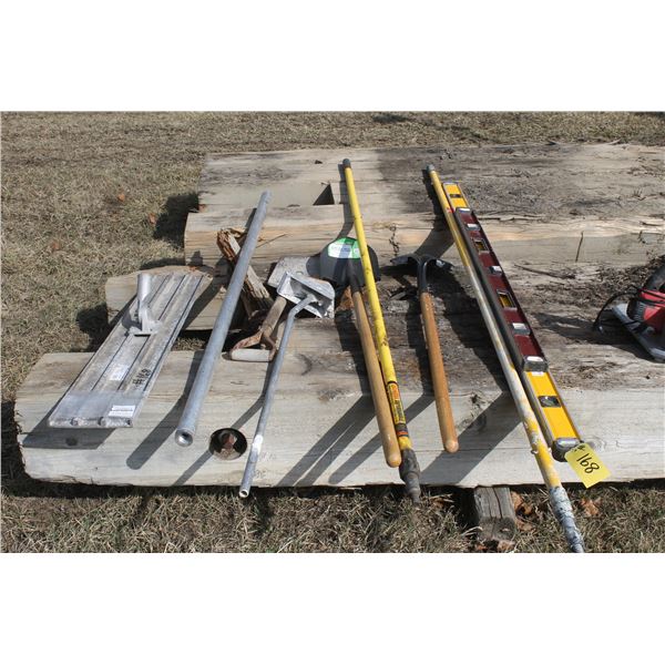 2- levels, cement trowel (bull float) 48", spades and 2- ext. handles